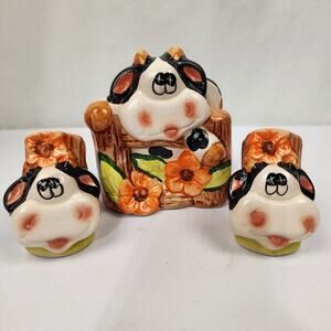 Ceramic Painted Cow Napkin Holder & Salt & Pepper Shaker Kitchy Kitchen Vtg